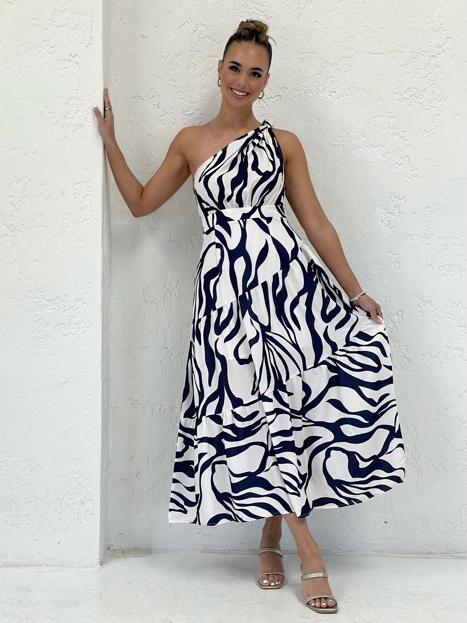 One-Shoulder Zebra Print Dress